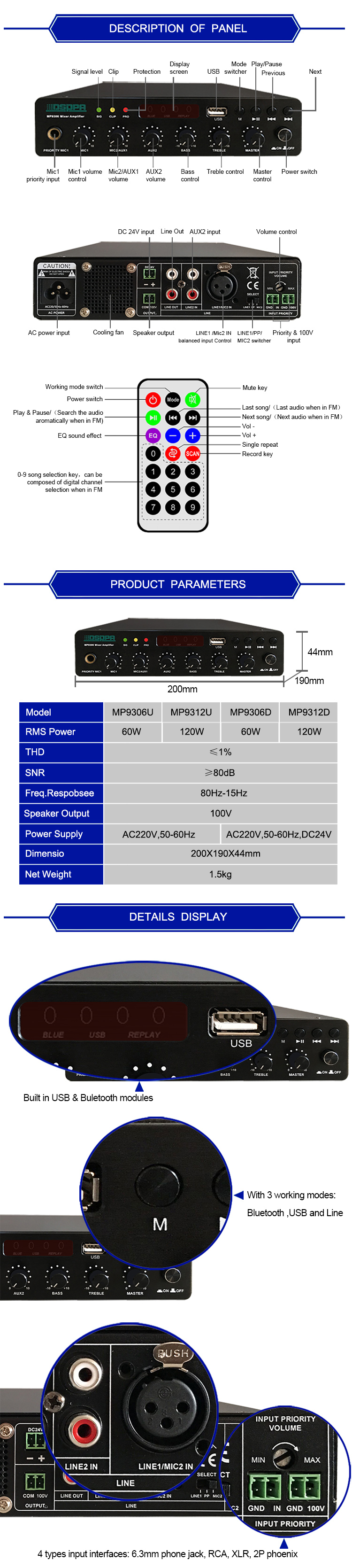 MP9306U 60W Ultra-thin Digital Mixer Amplifier